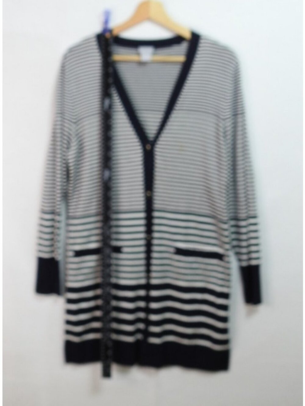 New Chicos Striped Cardigan Size 1 Medium Navy White Button Front Long Sweater - Picture 3 of 7